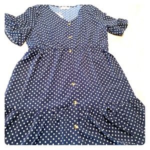 Navy blue and white polka dot dress with a belt